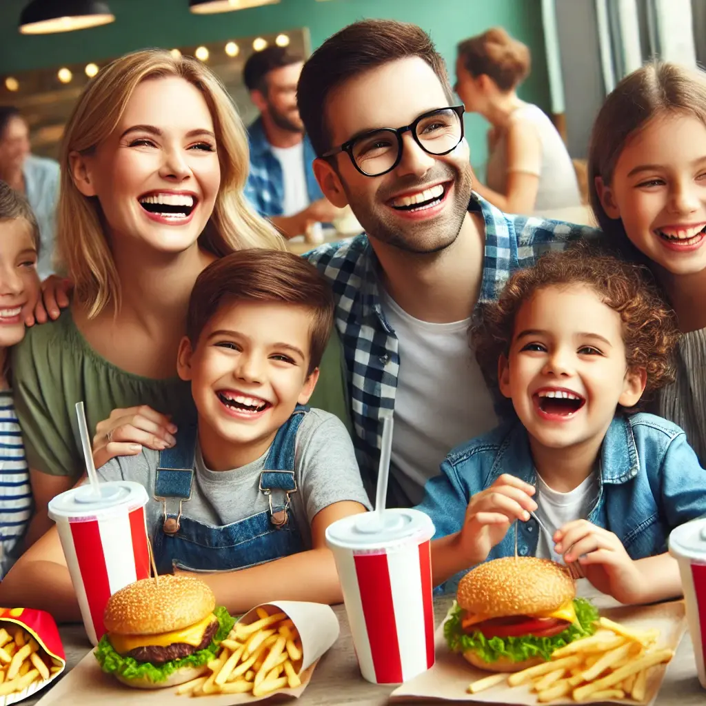 Parents with kids eating burger and chips in a fast food restaurant